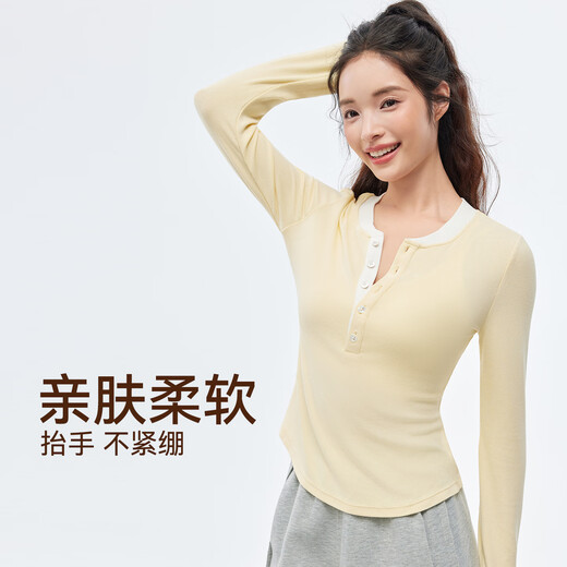 NEVER ME long-sleeved T-shirt women's Pilates slimming contrasting color yoga wear running fitness wear Henry collar bottoming shirt navy gray M