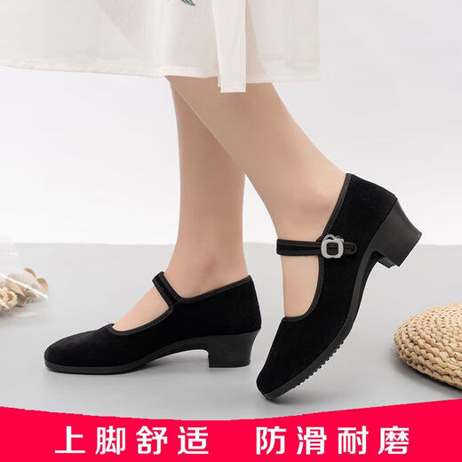 Ethnic dance shoes Tibetan dance yangko Jiaozhou folk high-heeled dance shoes grade examination shoes black new old Beijing cloth shoes for women solid heel-soft sole black-high heel 3.5cm 37