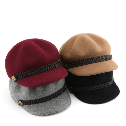 Woodpecker beret women's Korean version Japanese color retro wool octagonal hat outdoor travel sports sun protection casual hat burgundy