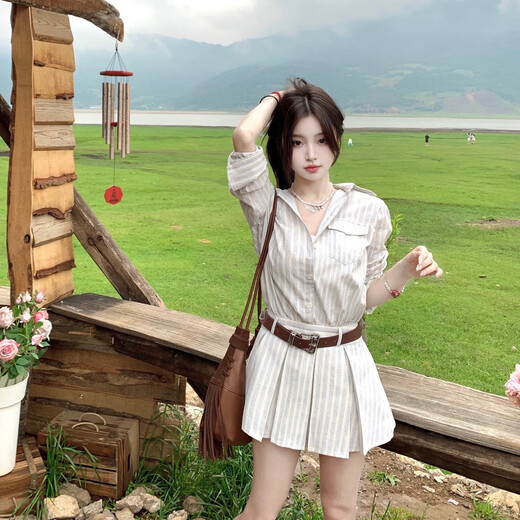 Lugeli Dress Women's Spring and Autumn New College Style Long Sleeve Dress Pure Desire French Style Waist Slim Pleated Skirt Striped Shirt Dress Belt M