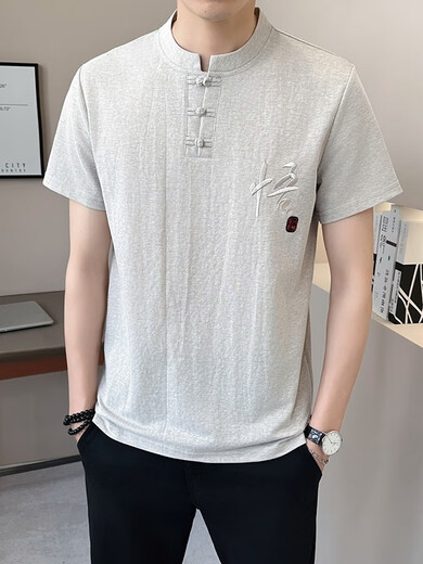 
Sulai linen short-sleeved T-shirt summer casual stand collar Chinese style cotton linen top Buddhist men's clothing Amitabha clothes trend T9855 meters gray M