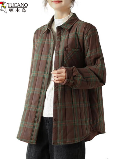 Woodpecker quilted plaid shirt and cotton coat for women in autumn and winter, loose thickened and warm single-breasted lightweight down coat, picture M recommended 90-115Jin Jin equals 0.5 kg