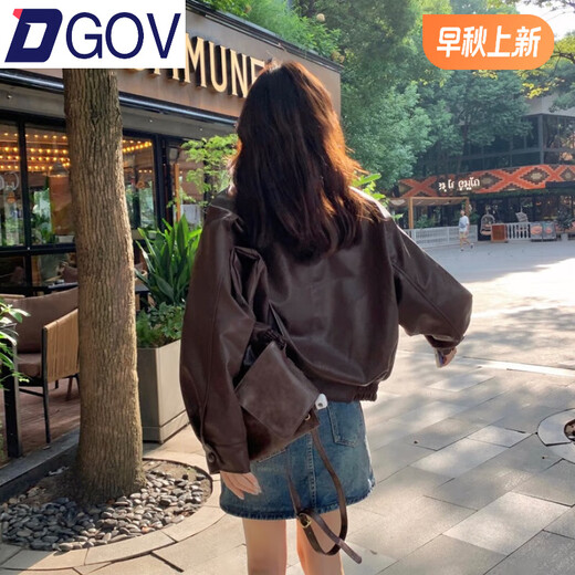 DGOV American Retro Retro Long à manches veste pour les femmes en automne et en hiver Lower Tops Niche Design Sense PU Leather Motorcycle Suit Brown ZT M (Recommandé 95-105 Jin [Jin est égal à 0,5 kg]))