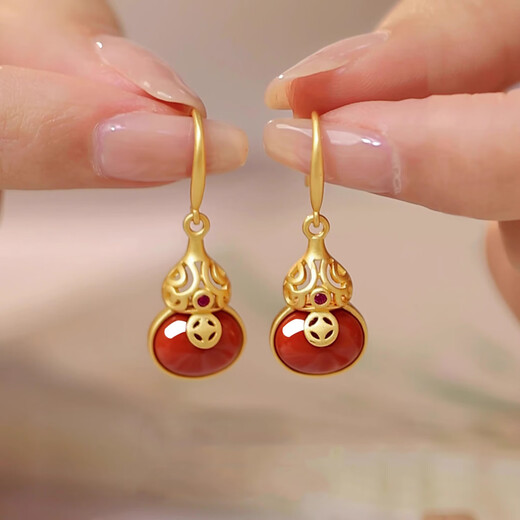 Little Silversmith S925 silver gourd earrings for women agate small gourd copper coin earrings new Chinese style hollow tassel earrings girlfriend gift