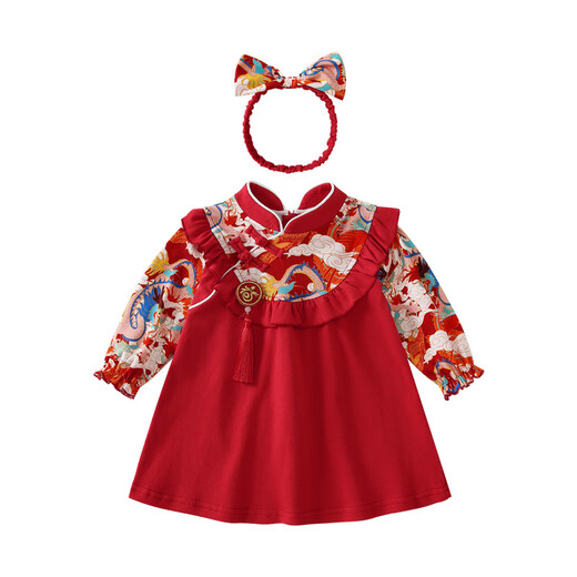 BORBOON B baby dress, spring dress, baby girl's one-year-old dress, girl's birthday, one-year-old princess dress, red cheongsam dress, gift box 2271 90