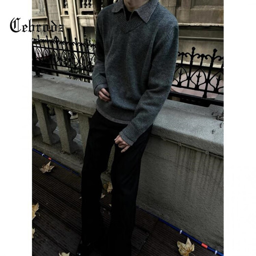 Cebrodz French sweater men's autumn and winter two-piece lapel American retro loose Henry collar sweater long-sleeved top gray L