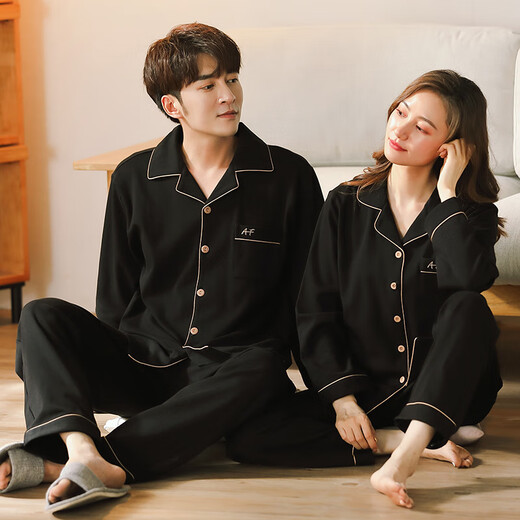 Modal couples pajamas spring and autumn pure cotton long-sleeved simple and comfortable pajamas men can wear outside pajamas autumn and winter home clothes AN300502 male + 601 white L female + male 2XL