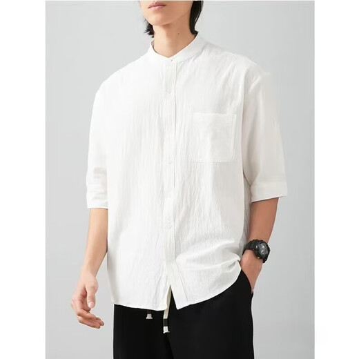 Men's stand collar white short-sleeved shirt men's Japanese cotton round neck three-quarter sleeve T-shirt Henry collar textured shirt C1061-white-long sleeve 3XL 145-155Jin Jin equals 0.5 kg