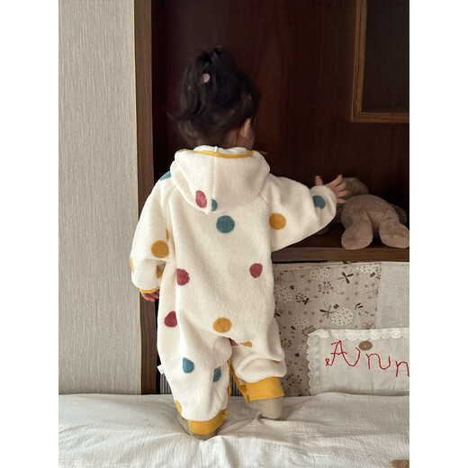 心楠婴儿春秋季连体衣女宝宝超萌毛绒加厚连帽爬服保暖家居服睡衣秋季 彩色波点连帽连体衣【加绒】 90cm
