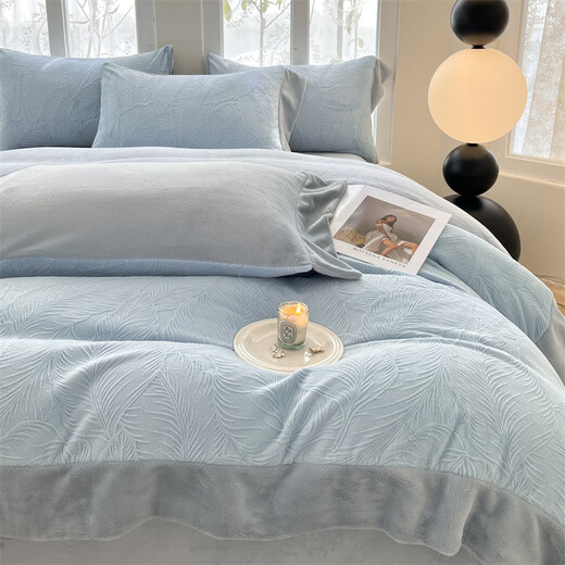 Mercury series home textile high-end carved milk velvet four-piece set 2025 winter new thickened warm coral velvet plus baby blue + star gray bed sheet style 1.8m four-piece set
