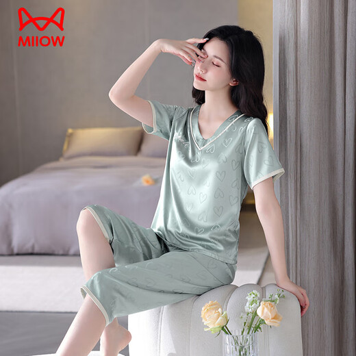 MiiOW-Pyjama für Frauen 2025 neuer Eisseiden-Sommer-Kurzarmanzug für Frauen Sommer sexy Simulation Seide dünn super heiß 1349-sandgrüne kurzärmelige kurze Hose M
