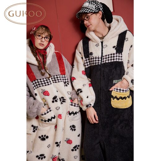 Gukoo couples pajamas winter Snoopy joint new coral velvet warm women's home wear jumpsuit men's pajamas D Yashi white L