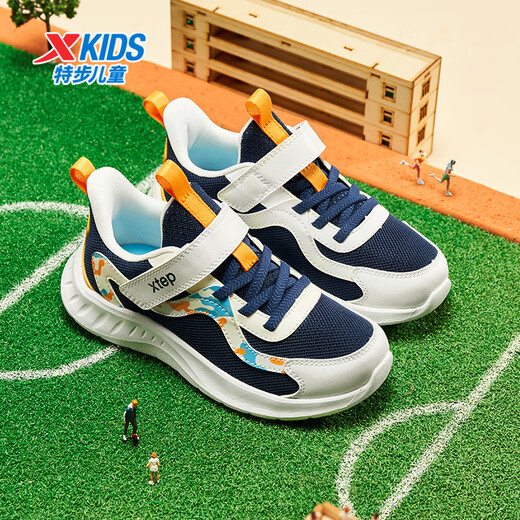 Xtep Children's Shoes Children's Mesh Sports Shoes Velcro Buckle Children's Lightweight Running Shoes Night Blue/Classic White 31