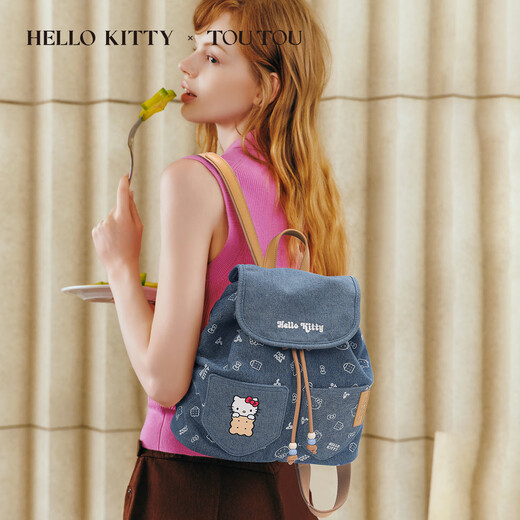 TOTOU DOYS'S Day Gift Hellokitty Katie Denim Biscuit sac à dos grande capacité Commutation polyvalente sac à dos de denim bleu