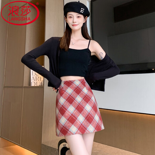 Langsha Plaid Skirt Women's 2025 Autumn and Winter New Woolen Hip Skirt Korean Style A-Line Short Skirt Plus Velvet Warm Bottoming Skirt Dark Gray Small Plaid Skin Friendly Wool Comes with Lining M Weight 96-110 Jin Jin equals 0.5 kg Waist 68CM Hips 92CM