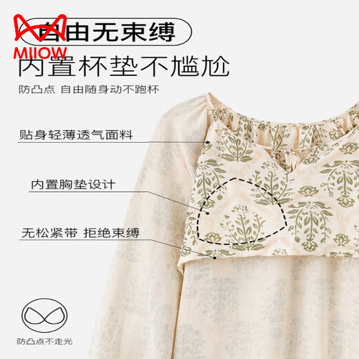 Catman Miiow Nachthemd Frauen langärmelte Frühlings- und Herbststil mit Brustpolstern integrierte Prinzessinstil süßer loser Pyjamas Baumwolle Langer Rock weich 13068 [mit Brustpolstern ohne BH] M [80-100jin [Jin gleich 0,5 kg]]