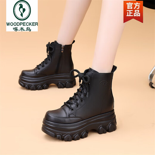 Woodpecker genuine leather wool one-piece Martin boots for women winter small people spring and autumn short boots inner heightening women's shoes 8cm thick-soled wedge shoes black single lining 6857 35