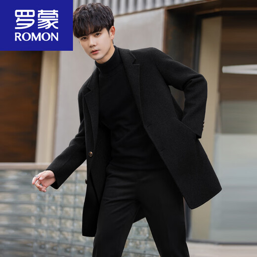 ROMON Cashmere Woolen Coat Men's Winter New Korean Style Medium-Length Casual Thick Wool Double-sided Woolen Suit Jacket Black + Removable Down Liner Thickened L