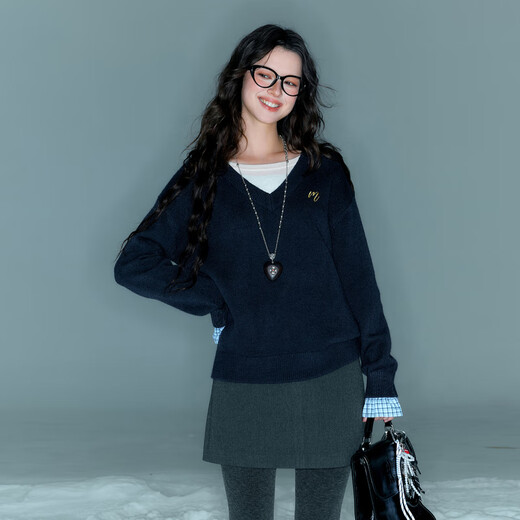 Sancai 2025 winter new fake two-piece sweater long-sleeved simple pullover top loose F navy blue M 160/84A