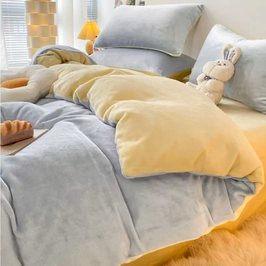 Yusenyi milk velvet bed four-piece set thickened coral velvet double-sided plus velvet quilt cover flannel three-piece bed set baby blue + milkshake yellow double-sided warm velvet skin-friendly and delicate sheet style 200x230cm milk velvet quilt cover single piece 3-200