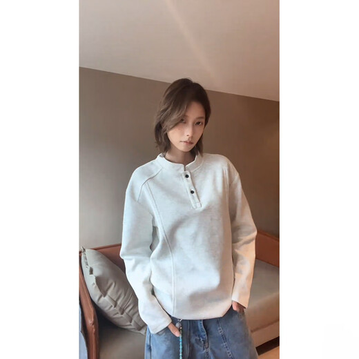 XUANSENTU White Gray Henley Collar Front Shoulder Long Sleeve T-Shirt Men's Autumn American Deconstructed Splicing Heavy Sweater Stand Collar Bottoming Shirt White Gray L