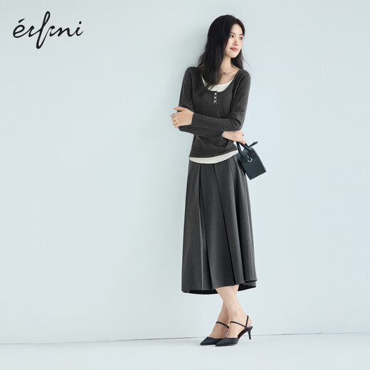 EIFLI (EIFINI) EIFLI Classic Simple Texture plisado Falda larga para mujeres 2025 Autumn New Versatile Casual Commuter Skirt, Sandalwood Gray, versión media de longitud media, cinturón libre con un solo pedido l 110-125Jin [Jin equivale a 0.5 kg]