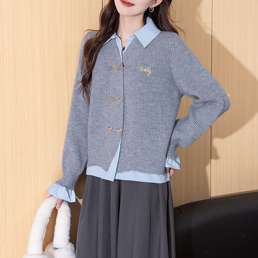 TonLion 2025 autumn and winter woven splicing lapel double-breasted fake two-piece women's cardigan sweater