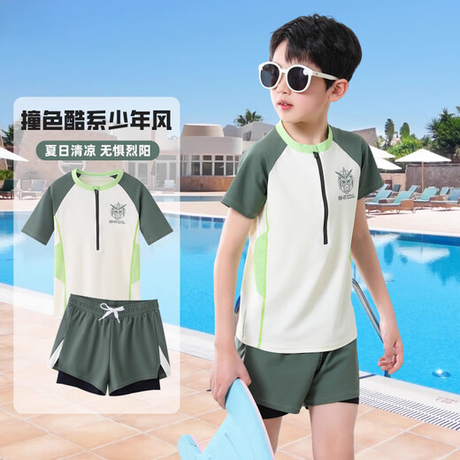 Zailu children's swimsuit boys 2025 new two-piece boxer briefs sun protection hot spring resort swimsuit military green contrasting color 170 XL (recommended height 105-120cm and weight 30-40