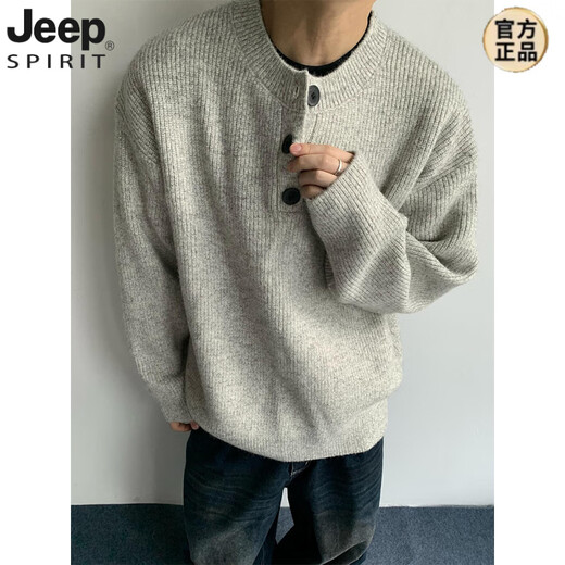 JEEP SPIRIT cleanfit heavyweight sweater jacket men's American lazy style retro Henry collar single-breasted sweater gray upgraded high-quality sweater M
