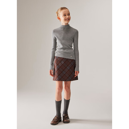 ELLE KIDS retro plaid skirt for girls autumn new college style high waist micro A mid-length skirt