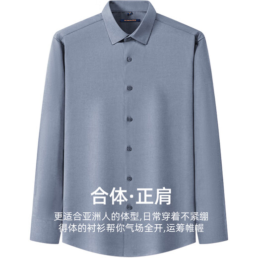 罗蒙春秋季灰色长袖衬衫男士中年商务休闲时尚弹力含羊毛新款衬衣男 3W02117 41