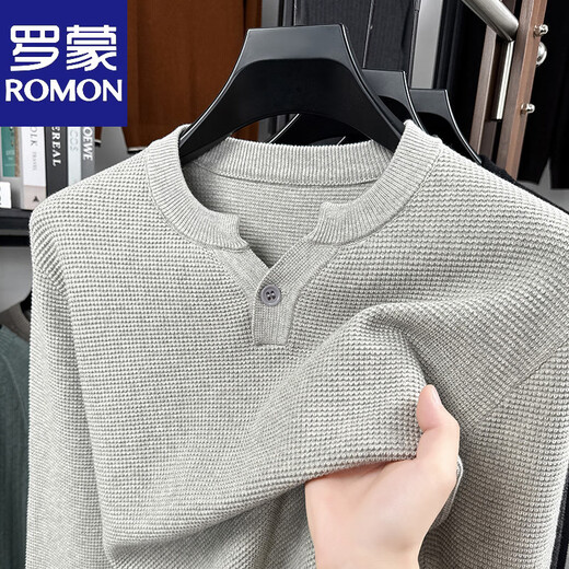 Romon Autumn New Henry Collar Cotton Long Sleeve Men's Knitted Sweater Solid Color 2025 Pineapple Pattern Textured T-Shirt Men Black XL -140-160Jin Jin is equal to 0.5 kg