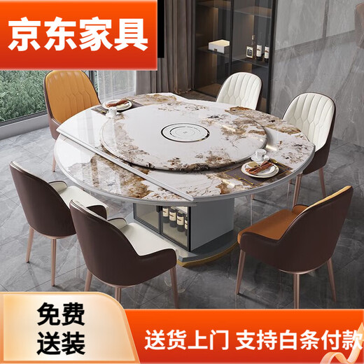 2025 new storage slate dining table and chair combination foldable square and round table retractable induction cooker 1.2mm bright slate turntable induction cooker 1.5 meters 10 chairs