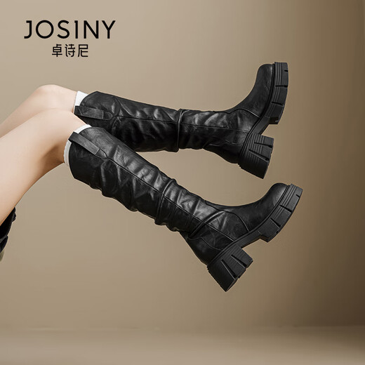 
Zhuosini thick-soled long boots for women 2025 autumn and winter new style but knee long boots folded pile boots thick heel heightened knight boots black - single 35