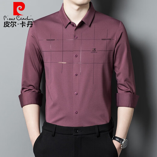皮尔卡丹（pierre cardin）喜爸爸装参加结婚宴秋季礼服公公长袖衬衫无痕抗皱男士高端衬衣服 6623红色【加绒加厚】 175/XL