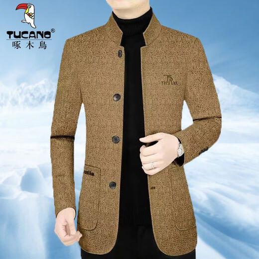 Woodpecker men's woolen stand collar coat middle-aged wool jacket men's spring, autumn and winter high-end casual new jacket dark blue XL 180