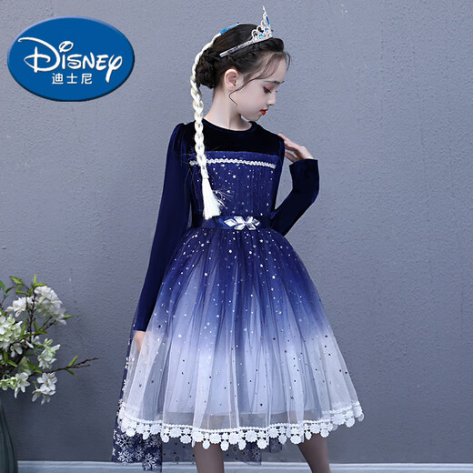 Disney (DISNEY) Elsa Princess Dress Girls Frozen 2 Autumn and Winter Style Elsa Dress Velvet Performance Dress 8096 Sapphire Blue Gradient 100 cm