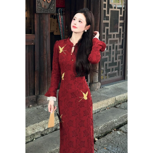 Spring Man 2025 red new Chinese style butterfly embroidered cheongsam long sleeve dark pattern jacquard red long skirt dress red cheongsam L
