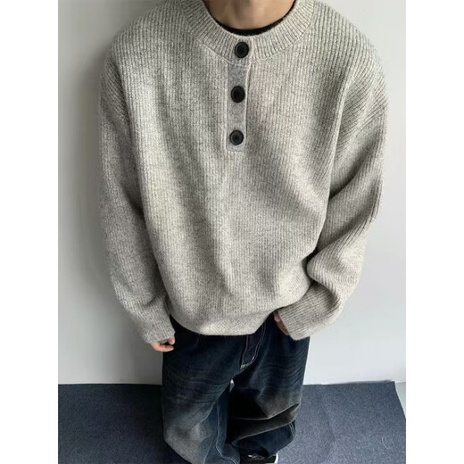 Phoenix Gray American Retro Henley Collar Sweater Men's Winter Lazy Style Knitted Sweater Cleanfit Jacket Men's Floral Gray XL