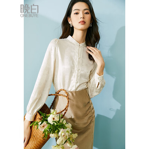 Late White New Chinese Style Satin Jacquard Shirt Women's 2025 Autumn New Design Commuting Versatile Shoulder Shirt Top Apricot XL