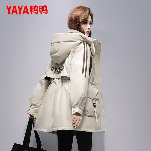 YAYA Workwear Parka Down Jacket Women's Winter Mid-Length 2025 New Fashion Waist Hooded Jacket Off-White L