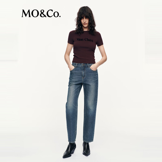 Mo/co. Jeans 2025 Herbstes neues Produkt Baumwolle Neun-Punkte Kleine geraden Katzen Whisker Waschmittel und hohe Taille MBE3Jent05 Denim Blue L 28