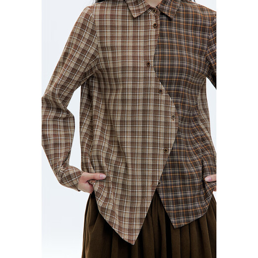 Birds and New Wine irregular splicing plaid long-sleeved shirt for women 2025 winter new design loose top color block tan HQJ04 S