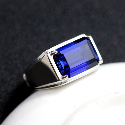 Quan Yin Men's Ring Real Silver Inlaid with Tanzanite Blue Gemstone Men's Rectangular Colored Treasure Domineering Men's Ring Opening Adjustable