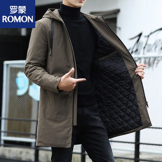 ROMON high-end windbreaker men's mid-length hooded fashionable casual solid color large size jacket men's 2025 spring and autumn new style with cotton outer black (cotton) M