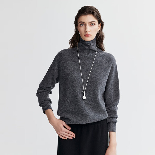 Virgin cotton turtleneck wool cashmere pullover sweater for women 25 autumn and winter slightly loose knitted top wide rib design impression gray L