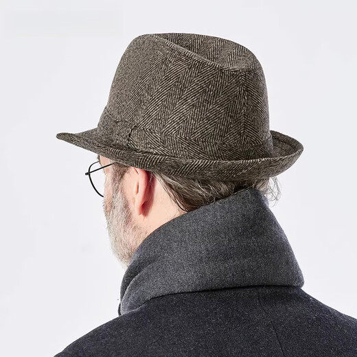 Woodpecker top hat for men, middle-aged and elderly dad, autumn and winter hat, woolen warm Shanghai beach British gentleman hat, grandpa and old man hat, striped brown, size S (head circumference 56CM)