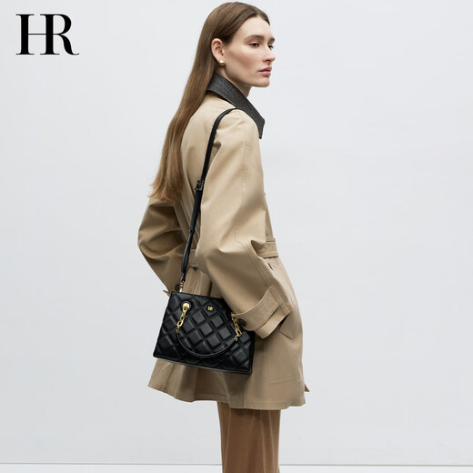 HR Helena Bag Women's Bag Simple Fashionable Handbag Women's Head-Layer Cowhide Diamond Single Shoulder Crossbody Bag Birthday Gift Black + Gift Box Packaging