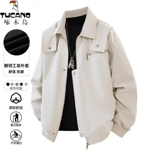 Woodpecker Jacket Men's Autumn and Winter Trendy American Loose Workwear Flight Jacket Men's Lapel Versatile Casual Top Black XL