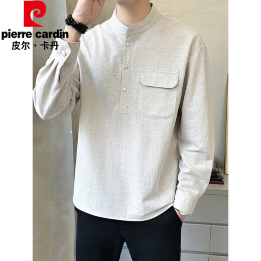 Pierre Cardin high-end men's cotton and linen T-shirt men's spring and autumn new long-sleeved polo bottoming shirt casual and versatile henley collar linen khaki M